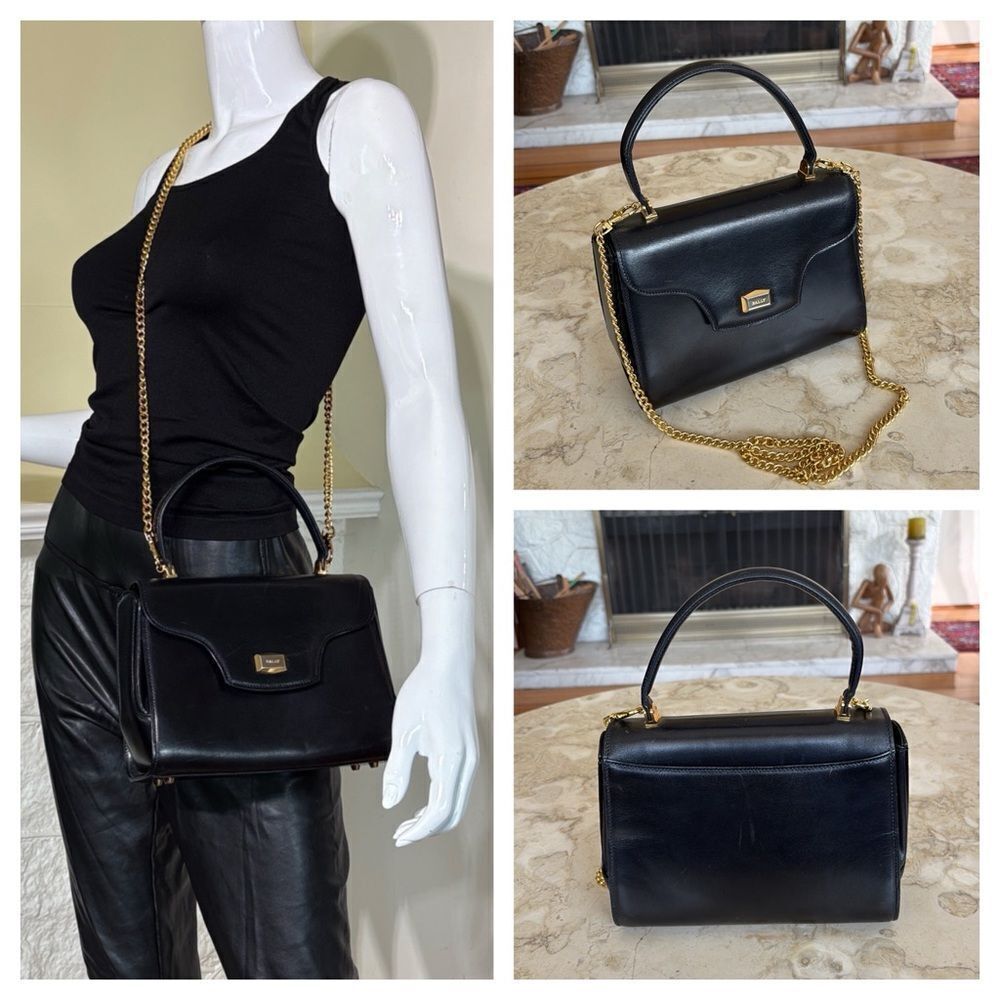 Bally Structured Leather Kelly Style Satchel Bag Detachable Metal Chain Strap